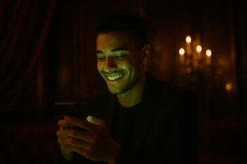 Young man smiling while tapping phone with green and gold screen light