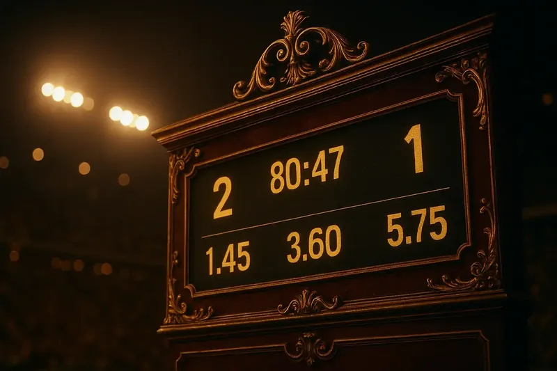 Close-up stadium scoreboard with live match data, blurred crowd and floodlights