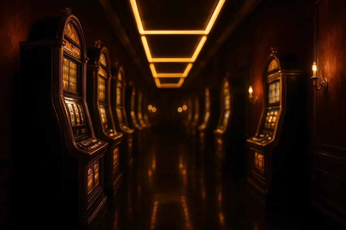 Dark casino entrance corridor with glowing slot machines and neon strip lighting