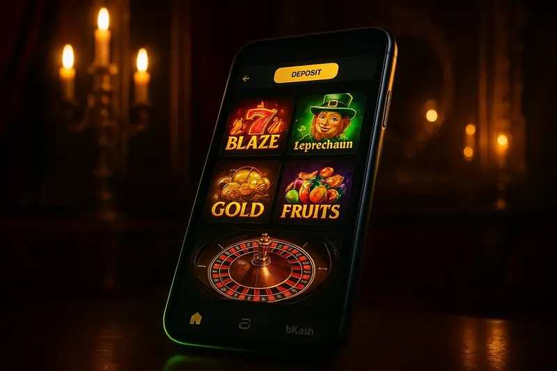 Modern smartphone showing dark casino lobby with bKash deposit icon