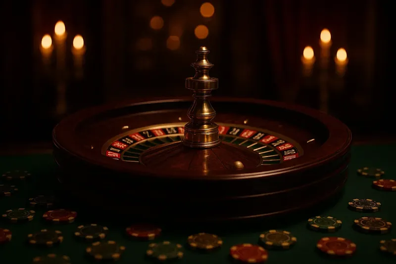 Close-up roulette wheel spinning with golden ball, chips and bokeh lights